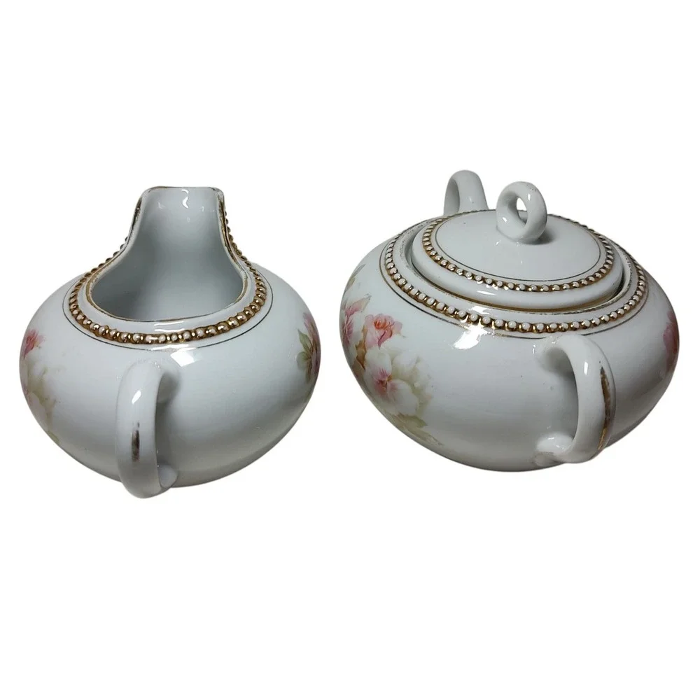 Antique PK Silesia Creamer and Covered Sugar Bowl Floral Rose Gold‎ Trim Poland